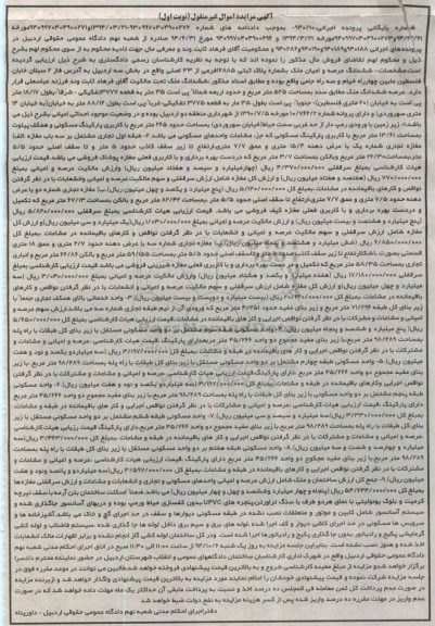 مزایده,ششدانگ عرصه و اعیان ملک به شماره 12885 بخش سه اردبیل نوبت اول اجرایی 940190