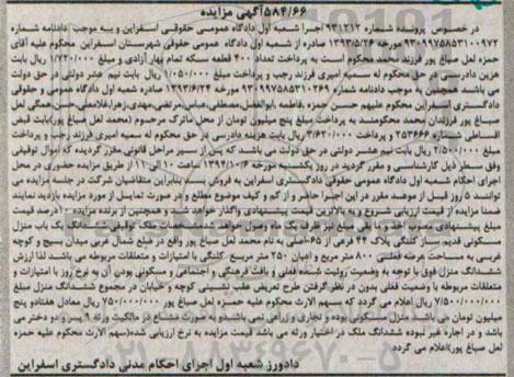 مزایده,در خصوص پرونده شماره 931212 ششدانگ منزل مسکوین قدیم ساز کلنگی