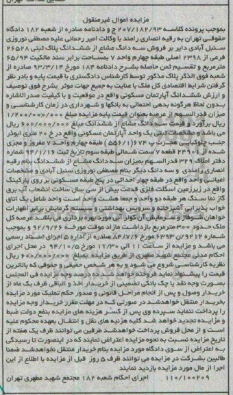 مزایده,مزایده پرونده کلاسه 207.182.93 سه دانگ مشاع از پلاک ثبتی مساحت برابر سند مالکیت 65.94متر