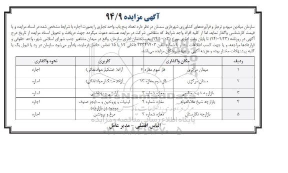 آگهی مزایده,مزایده واگذاری بصورت اجاره تعداد پنج باب واحد تجاری
