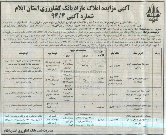 مزایده,مزایده تعداد 5 فقره از املاک مازاد شماره 94.4 
