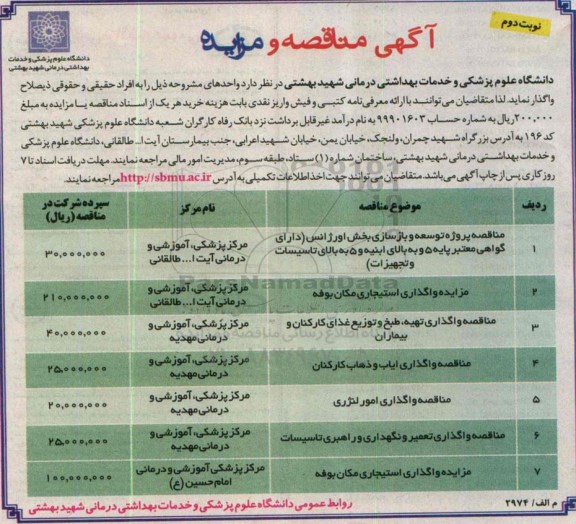 آگهی مزایده , مزایده واگذاری استیجاری مکان بوفه نوبت دوم