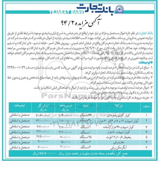 اگهی مزایده , مزایده فروش اموال مستعمل و مازاد بر نیاز 