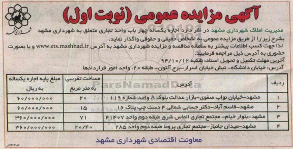 آگهی مزایده , مزایده اجاره یکساله 4 باب واحد تجاری