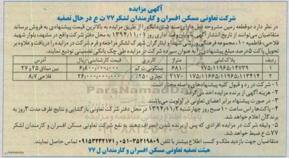 مزایده,فروش به بالاترین قیمت پیشنهادی دو قطعه زمین