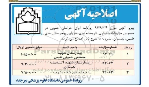 اصلاحیه , مزایده واگذاری به اجاره مکان داروخانه سرپایی-اصلاحیه