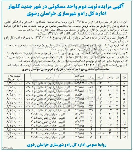 مزایده,مزایده نوبت دوم واحد مسکونی در شهر جدید گلبهار