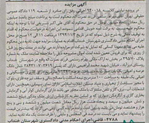مزایده,مزایده در پرونده  نیابتی کلاسه 940018 اجرایی ملک بخش نه اراک 