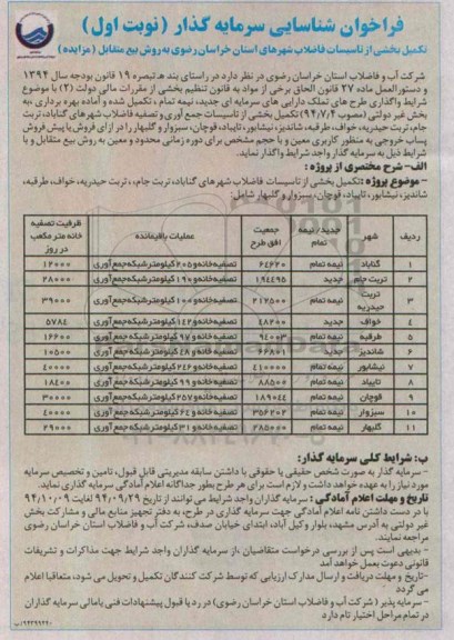 فراخوان شناسایی سرمایه گذار, مزایده تکمیل بخشی از تاسیسات فاضلاب به روش بیع متقابل