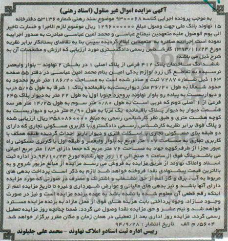 مزایده,مزایده اسناد رهنی کلاسه 9300068 ششدانگ ساختمان بلوار ولیعصر بخش دو نهاوند 