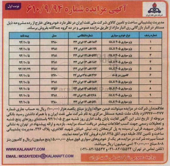 آگهی مزایده , مزایده خودرو پژو سواری