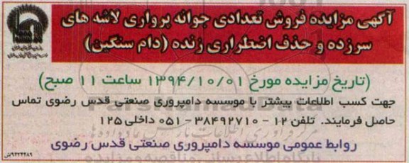 آگهی مزایده,مزایده فروش تعدادی جوانه پرواری لاشه های سرزده و حذف اضطراری زنده