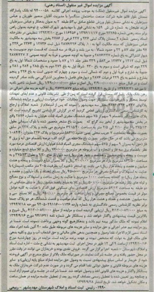 مزایده,مزایده کلاسه 9400058دو قطعه پلاک بخش سه مهدیشهر اسناد رهنی 