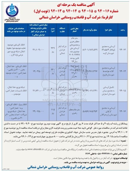 آگهی مناقصه یک مرحله ای , مناقصه آبرسانی به مجتمع ...