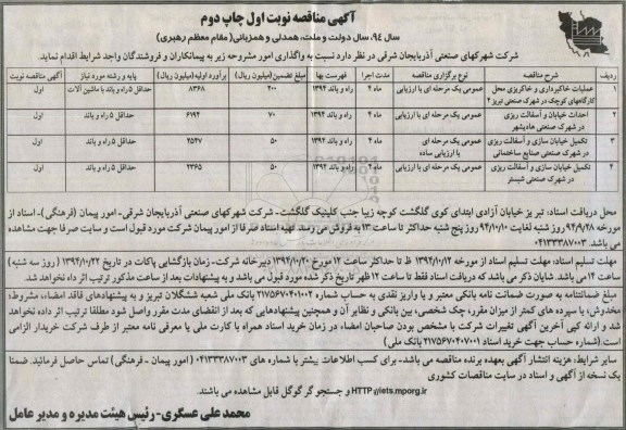 مناقصه, مناقصه عملیات خاکبرداری و خاکریزی محل کارگاههای کوچک نوبت اول چاپ دوم