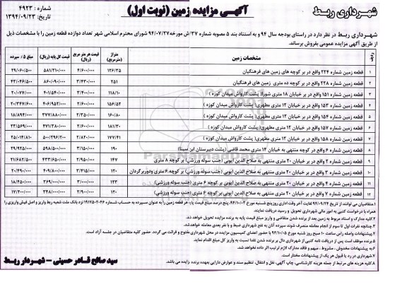 مزایده,مزایده تعداد 12 قطعه زمین در راستای بودجه سال 94 نوبت اول