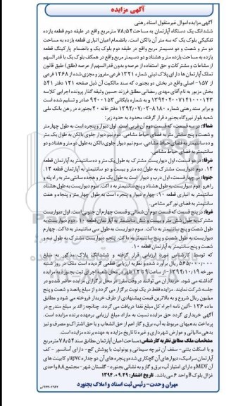 مزایده,مزایده اپارتمان اسناد رهنی 78.54متر طبقه دوم سه متر بالکن کلاسه 139404007141000143 بایگانی 9400153