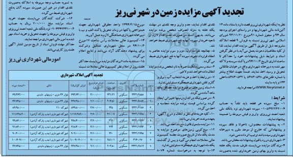 مزایده,مزایده فروش نه قطعه املاک تجدید در شهر نی ریز 