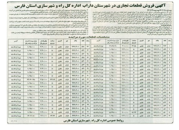 مزایده,مزایده فروش قطعات تجاری در شهرستان داراب نوبت دوم