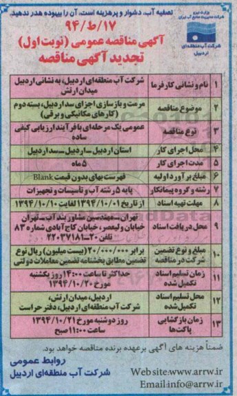 تجدید مناقصه عمومی , مناقصه مرمت و بازسازی اجزای سد اردبیل ، بسته دوم (کارهای مکانیکی و برقی) 