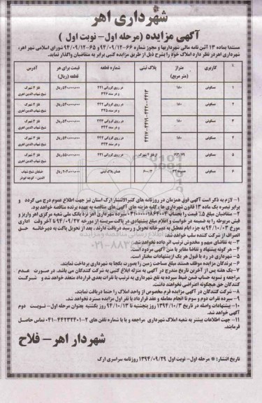 مزایده,مزایده املاک مستندا به ماده سیزده ایین نامه مرحله اول