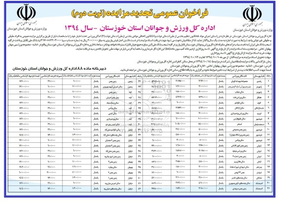 فراخوان عمومی تجدید مزایده , تجدید مزایده واگذاری اماکن ورزشی تجدید نوبت دوم 