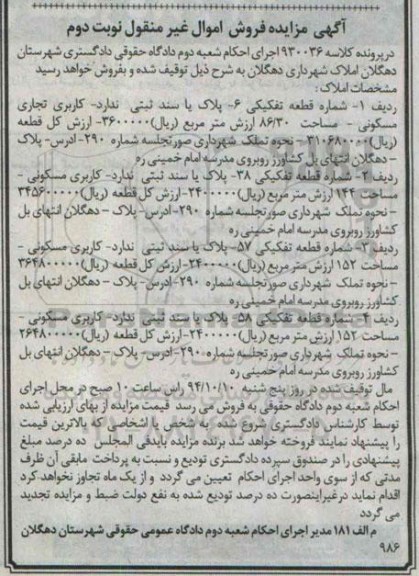 مزایده,مزایده نوبت دوم کلاسه 930036 املاک به تعداد 4 قطعه اموال غیرمنقول 