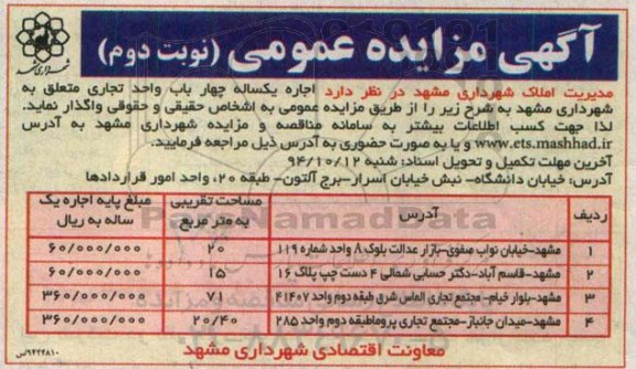 آگهی مزایده , مزایده اجاره یکساله 4 باب واحد تجاری - نوبت دوم