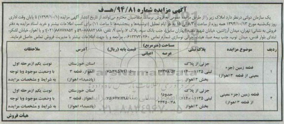مزایده,مزایده شماره 94.81 فروش املاک دو قطعه زمین در استان خوزستان