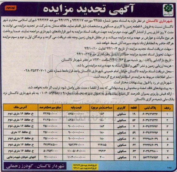 مزایده,مزایده فروش هشت قطعه زمین مسکونی تجدید نوبت دوم