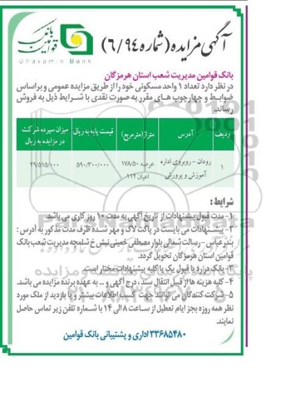 مزایده,مزایده فروش تعداد 1 واحد مسکونی شماره 6.94 براساس ضوابط و چهارچوب