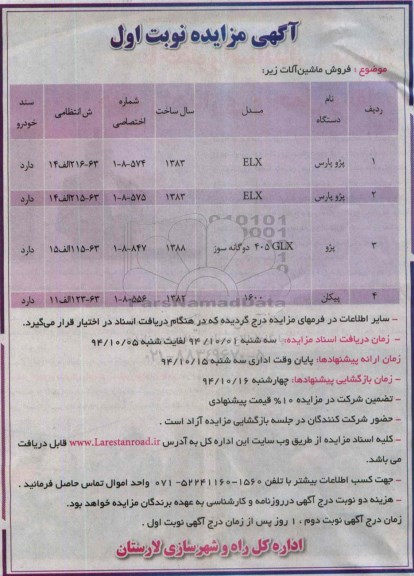 آگهی مزایده, مزایده فروش ماشین آلات