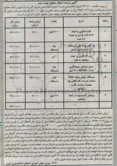 مزایده , مزایده قفسه فلزی به ابعاد 2*4 ،2*5.0 متر نوبت دوم