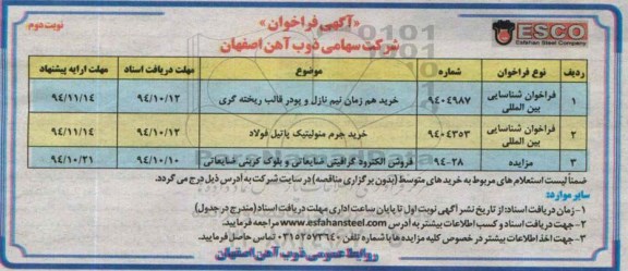 آگهی مزایده , مزایده فروش الکترود گرافیتی ضایعاتی و بلوک کربنی ضایعاتی نوبت دوم 