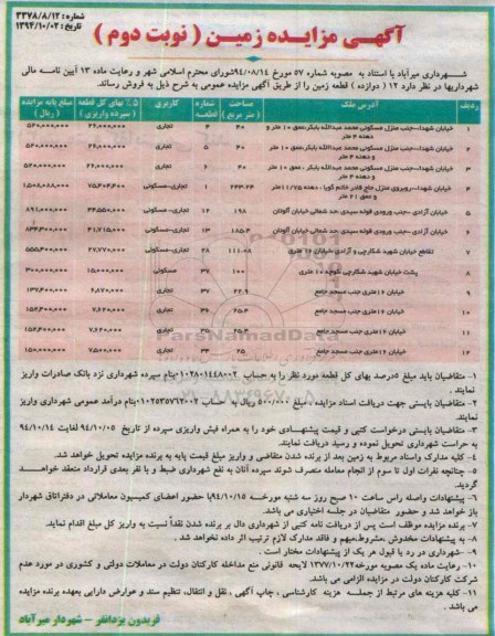 مزایده,فروش تعداد 12 قطعه زمین نوبت دوم ماده سیزده ایین نامه شهرداری
