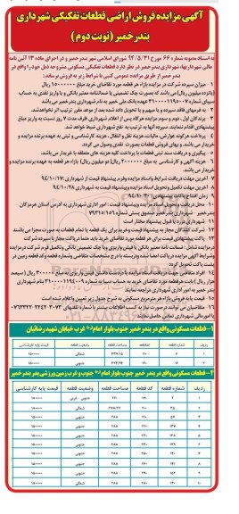 مزایده,مزایده فروش اراضی قطعات تفکیکی شهرداری بندر خمیر نوبت دوم