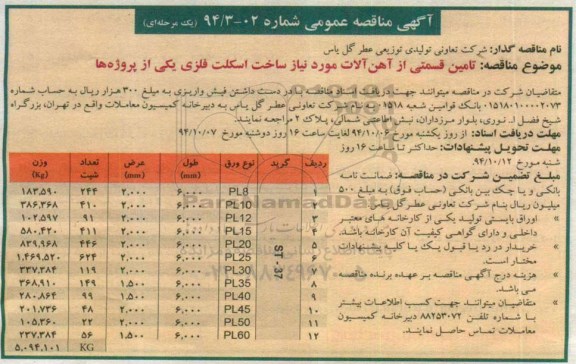 آگهی مناقصه عمومی , مناقصه تامین قسمتی از آهن آلات موردنیاز ساخت اسکلت فلزی یکی از پروژه ها