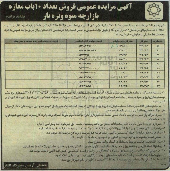 مزایده,مزایده فروش تعداد 10 باب مغازه بازارچه میوه و تره بار تجدید