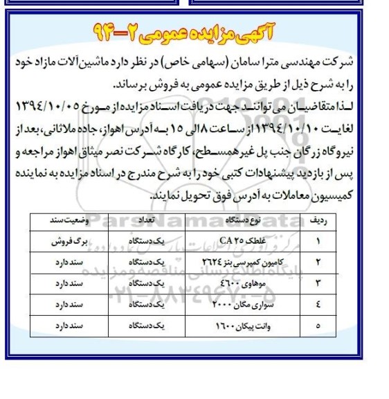آگهی مزایده عمومی , مزایده ماشین آلات مازاد 