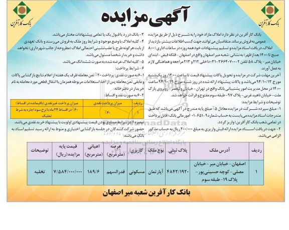 مزایده,مزایده فروش اپارتمان مسکونی با عرصه قدرالسهم 