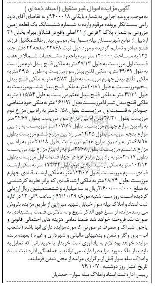 مزایده,مزایده به شماره بایگانی 9400018 ششدانگ زمین مزروعی مساحت 120000متر