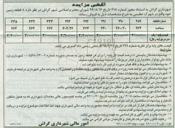 مزایده,مزایده فروش 8 قطعه زمین در شهرک عظیمی