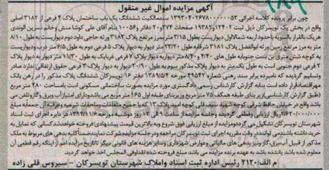 مزایده,مزایده سند مالکیت ششدانگ یکباب ساختمان کلاسه اجرایی 1393040267800000053