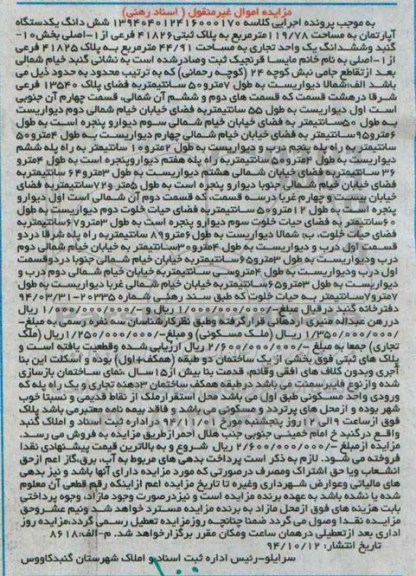 مزایده,مزایده کلاسه 139404012416000170 اسناد رهنی اپارتمان و ششدانگ یک واحد تجاری