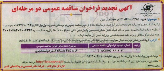 آگهی تجدید فراخوان مناقصه ,مناقصه خرید 475 دستگاه کنتور هوشمند برق- تجدید 