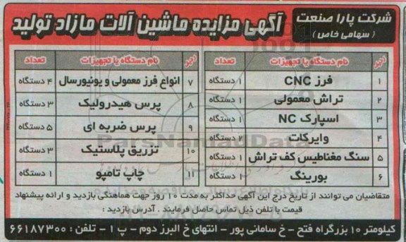 آگهی مزایده ,  مزایده ماشین آلات مازاد تولید