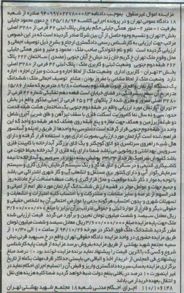 مزایده,مزایده دادنامه 9409970227800083 ملک کاربری اداری 