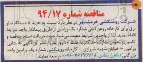 مناقصه,مناقصه خرید 5 دستگاه تابلو برق