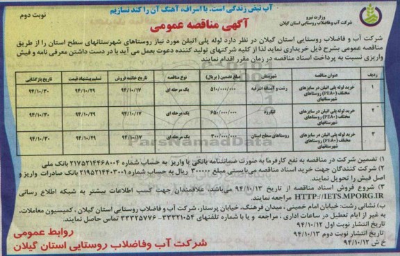 مناقصه عمومی , مناقصه خرید لوله پلی اتیلن-نوبت دوم 