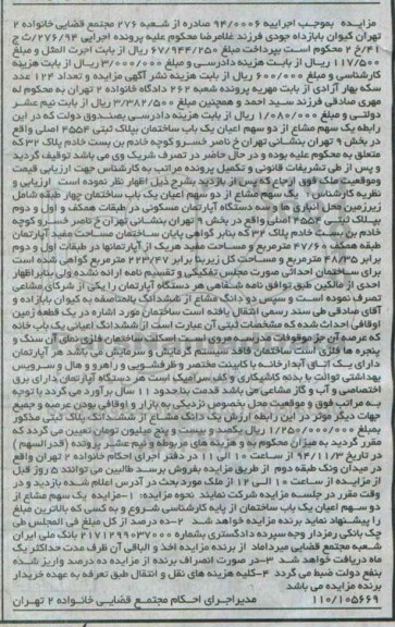 مزایده,مزایده یک سهم مشاع از دو سهم اعیان ساختمان اجراییه 94.0006
